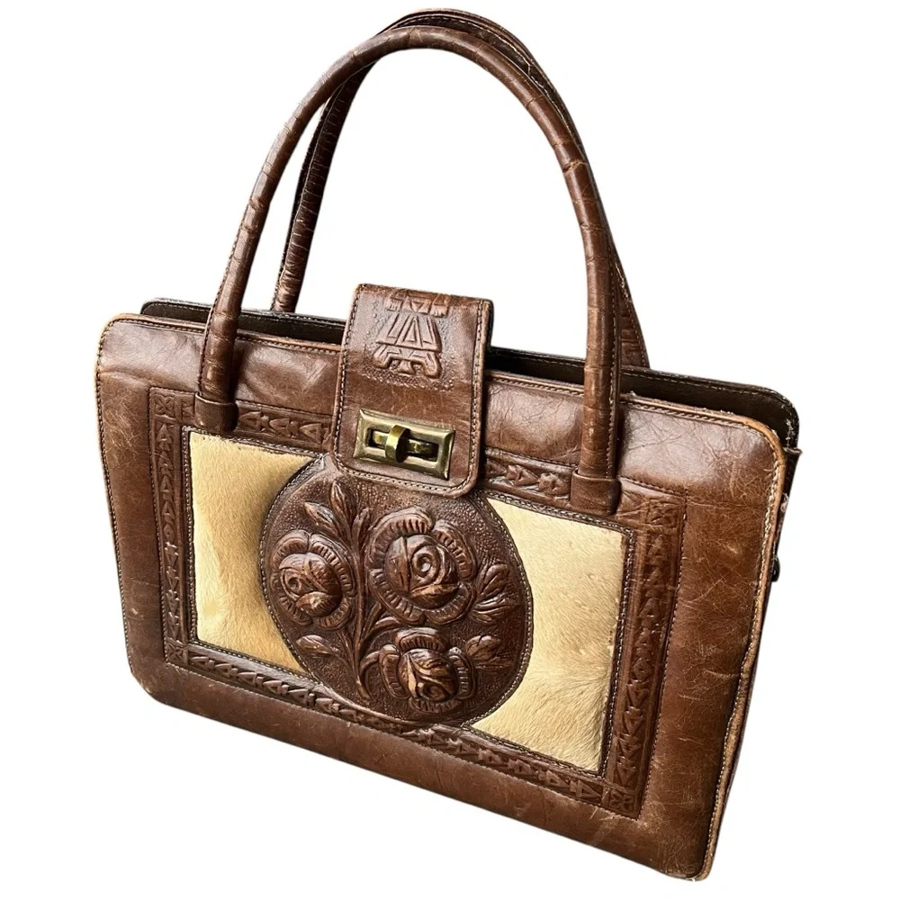 VINTAGE Mexican Western Tooled Leather & Hair on Hide Handbag Purse - Picture 9 of 12